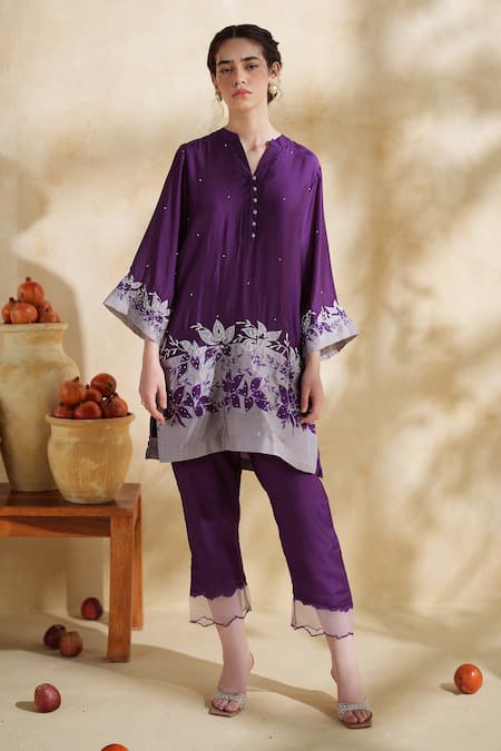 172 Threads Purple Muslin, Cotton Embroidery V-neck Designer Kurta Pant Set 