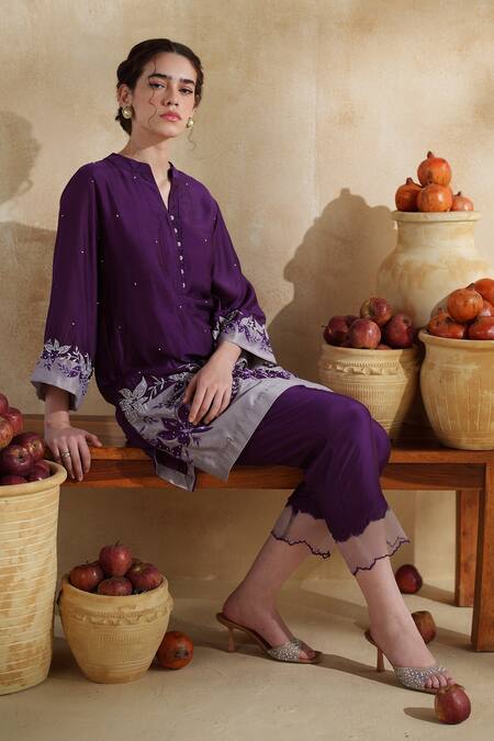 172 Threads_Purple Muslin, Cotton Embroidery V-neck Designer Kurta Pant Set _at_Aza_Fashions