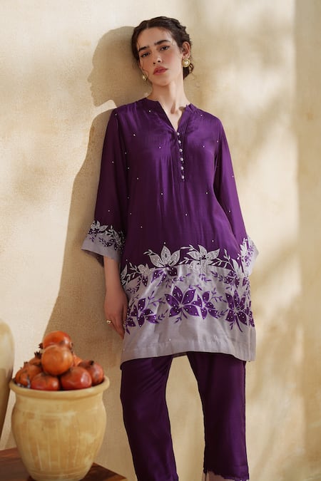 Shop_172 Threads_Purple Muslin, Cotton Embroidery V-neck Designer Kurta Pant Set 