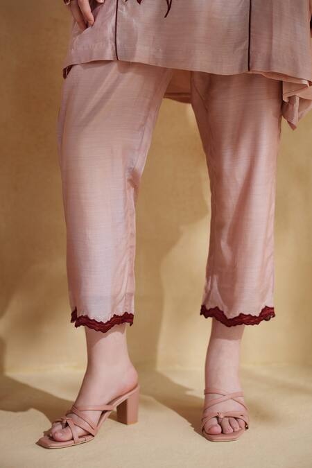 172 Threads_Pink Muslin, Cotton Embroidery V-neck Rosewood Co-ord Set_Online_at_Aza_Fashions