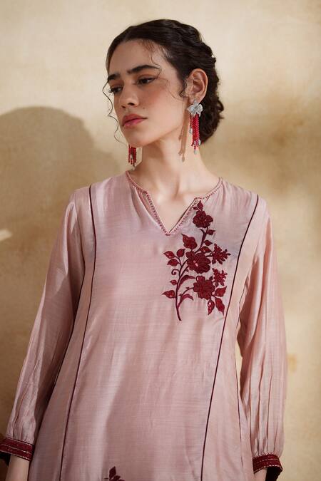 Buy_172 Threads_Pink Muslin, Cotton Embroidery V-neck Rosewood Co-ord Set_Online_at_Aza_Fashions