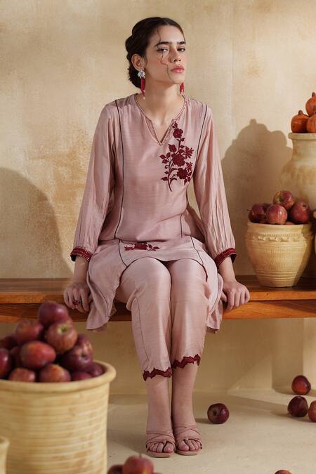 Shop_172 Threads_Pink Muslin, Cotton Embroidery V-neck Rosewood Co-ord Set_Online_at_Aza_Fashions