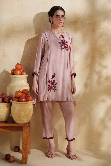 172 Threads_Pink Muslin, Cotton Embroidery V-neck Rosewood Co-ord Set_at_Aza_Fashions