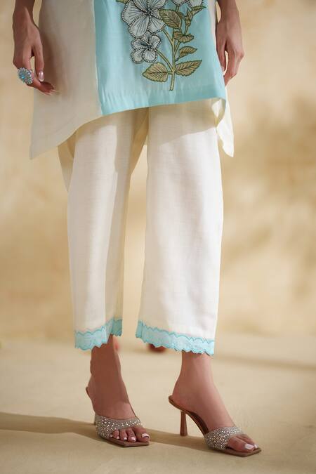 172 Threads_Aqua Muslin, Cotton Embroidery Mandarin Collar Icy Floral Kurta Set _Online_at_Aza_Fashions