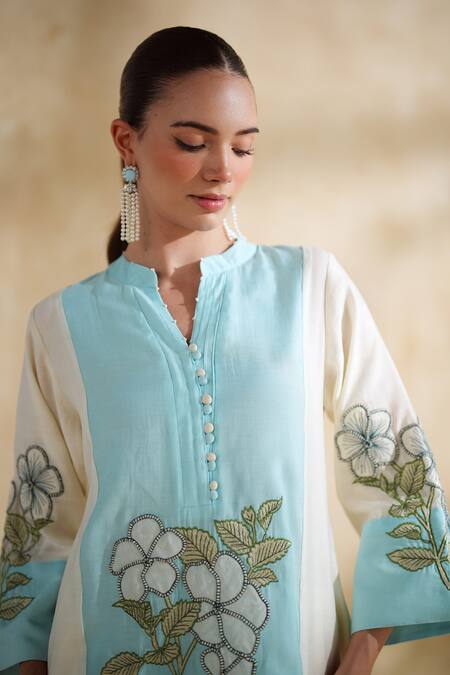 Shop_172 Threads_Aqua Muslin, Cotton Embroidery Mandarin Collar Icy Floral Kurta Set _Online_at_Aza_Fashions