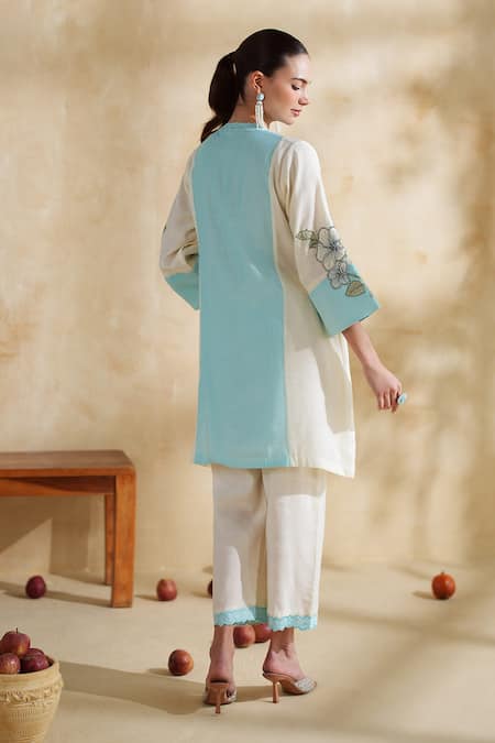 172 Threads Icy Aqua Floral Embroidered Kurta Set 
