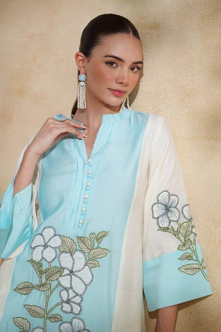 172 Threads_Aqua Muslin, Cotton Embroidery Mandarin Collar Icy Floral Kurta Set _at_Aza_Fashions