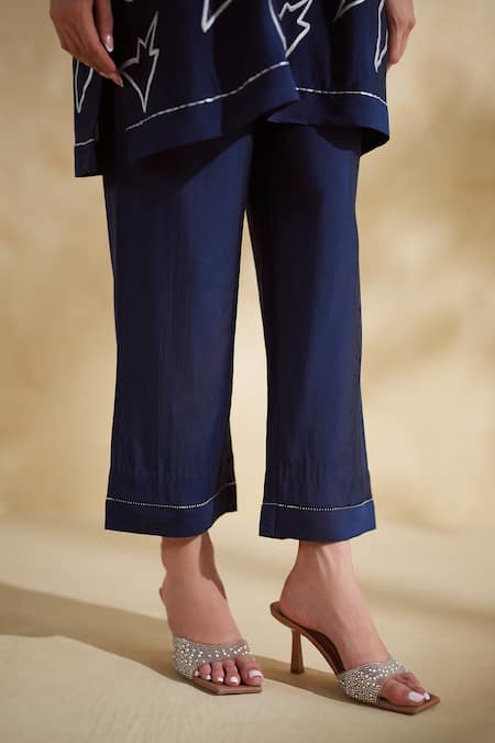 172 Threads_Navy Cotton, Muslin Collared Midnight Co-ord Set _Online_at_Aza_Fashions