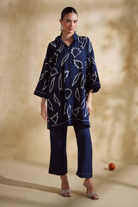 172 Threads Navy Cotton, Muslin Collared Midnight Co-ord Set 