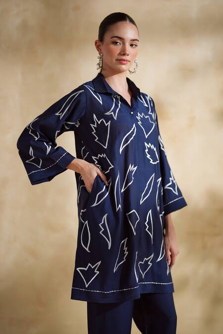 Buy_172 Threads_Navy Cotton, Muslin Collared Midnight Co-ord Set _Online_at_Aza_Fashions