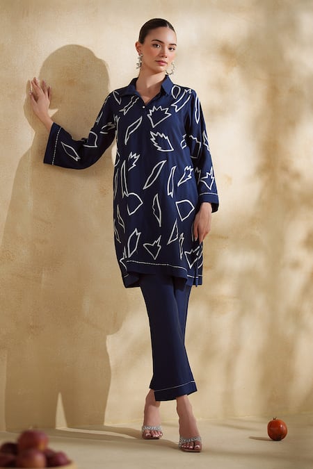 Shop_172 Threads_Navy Cotton, Muslin Collared Midnight Co-ord Set _Online_at_Aza_Fashions