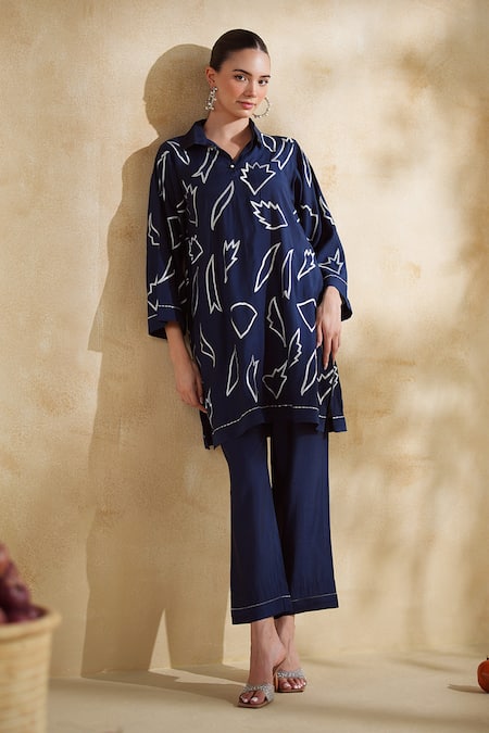 172 Threads_Navy Cotton, Muslin Collared Midnight Co-ord Set _at_Aza_Fashions