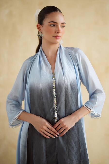 Buy_172 Threads_Charcoal Cotton Sequins Open Neck Ice Blue And Grey Coord Set _Online_at_Aza_Fashions