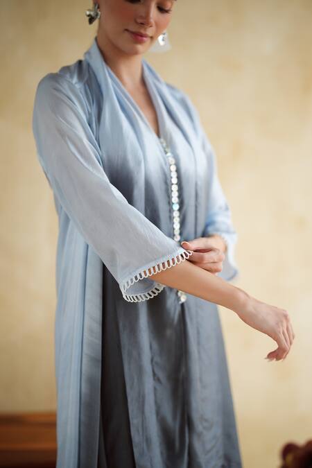 172 Threads_Charcoal Cotton Sequins Open Neck Ice Blue And Grey Coord Set _at_Aza_Fashions