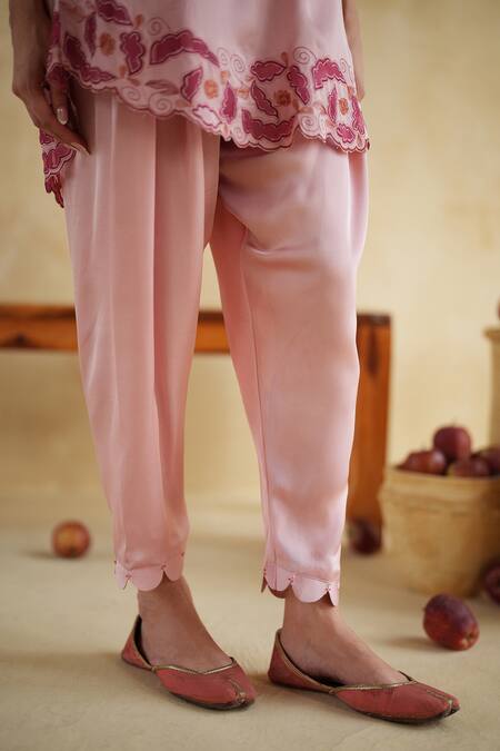 172 Threads_Pink Muslin, Cotton Embroidery V-neck Soft Blush Co-ord Set _Online_at_Aza_Fashions