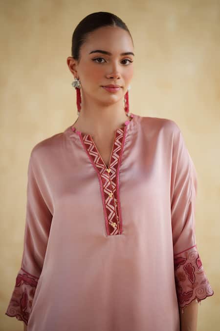 Shop_172 Threads_Pink Muslin, Cotton Embroidery V-neck Soft Blush Co-ord Set _Online_at_Aza_Fashions