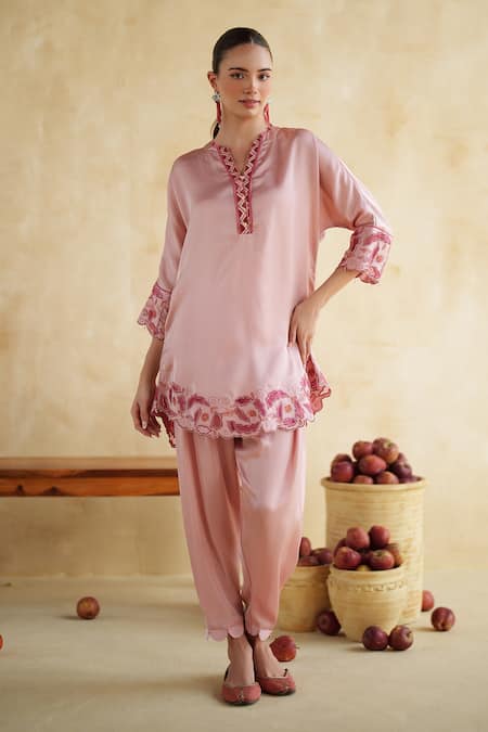 172 Threads_Pink Muslin, Cotton Embroidery V-neck Soft Blush Co-ord Set _at_Aza_Fashions