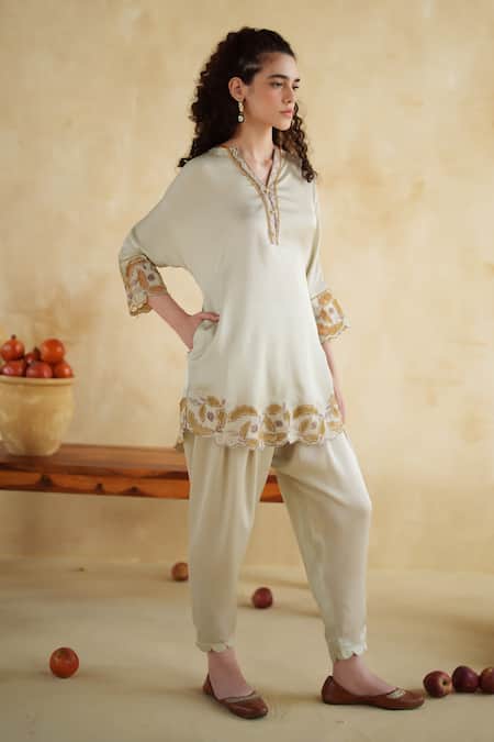 172 Threads_Ivory Muslin, Cotton Embroidery V-neck Caramel Designer Co-ord Set _Online_at_Aza_Fashions