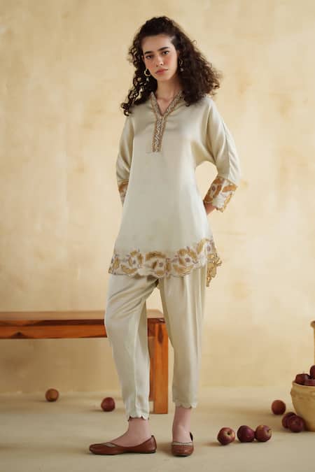 Shop_172 Threads_Ivory Muslin, Cotton Embroidery V-neck Caramel Designer Co-ord Set _Online_at_Aza_Fashions