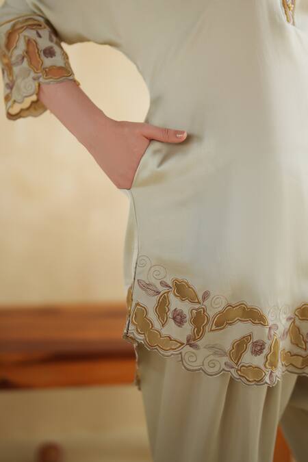 172 Threads_Ivory Muslin, Cotton Embroidery V-neck Caramel Designer Co-ord Set _at_Aza_Fashions