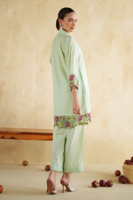 172 Threads_Green Muslin, Cotton Embroidery V-neck Sage Co-ord Set _Online_at_Aza_Fashions