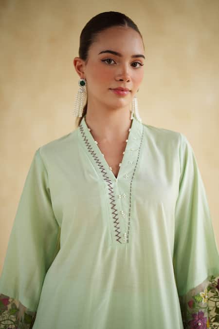 Buy_172 Threads_Green Muslin, Cotton Embroidery V-neck Sage Co-ord Set _Online_at_Aza_Fashions