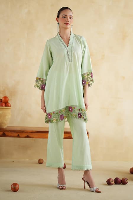 Shop_172 Threads_Green Muslin, Cotton Embroidery V-neck Sage Co-ord Set _Online_at_Aza_Fashions