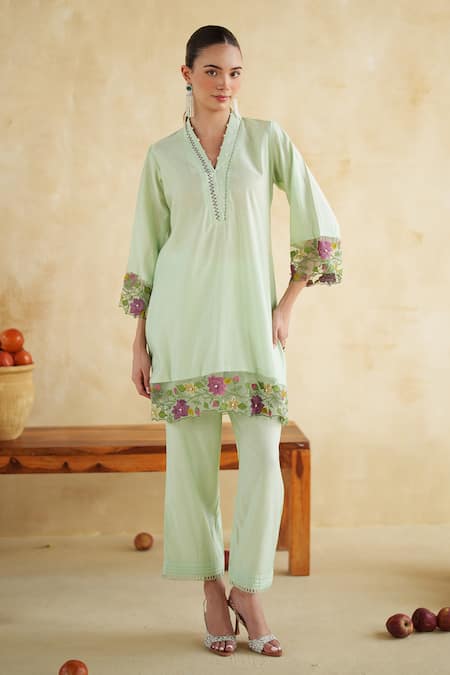 172 Threads_Green Muslin, Cotton Embroidery V-neck Sage Co-ord Set _at_Aza_Fashions