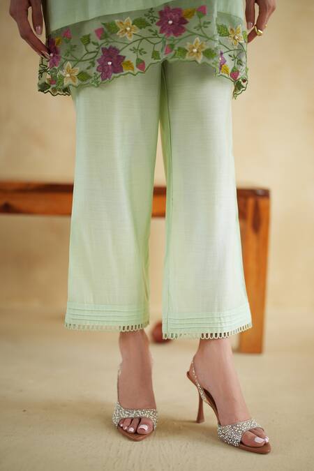 Shop_172 Threads_Green Muslin, Cotton Embroidery V-neck Sage Co-ord Set 