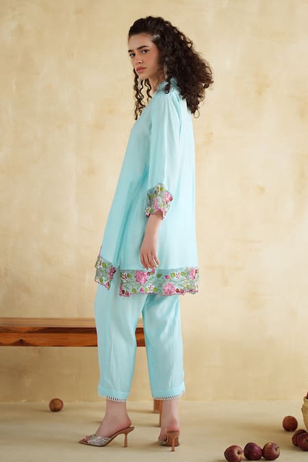 172 Threads_Blue Muslin, Cotton Embroidery V-neck Breeze Co-ord Set _Online_at_Aza_Fashions