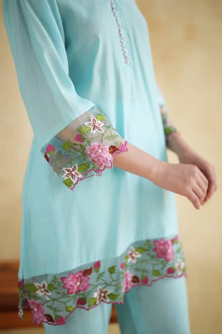 Buy_172 Threads_Blue Muslin, Cotton Embroidery V-neck Breeze Co-ord Set _Online_at_Aza_Fashions