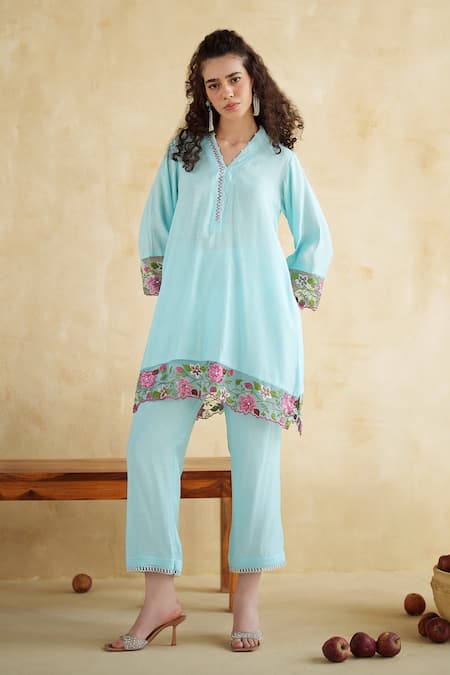 Shop_172 Threads_Blue Muslin, Cotton Embroidery V-neck Breeze Co-ord Set _Online_at_Aza_Fashions