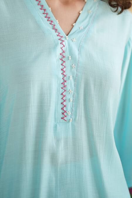 172 Threads_Blue Muslin, Cotton Embroidery V-neck Breeze Co-ord Set _at_Aza_Fashions