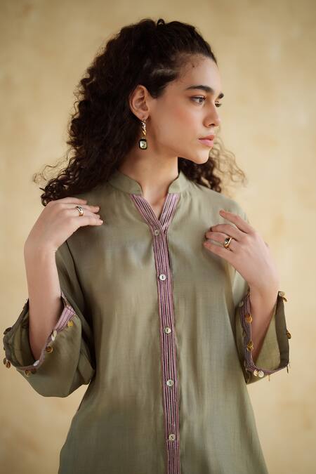 Shop 172 Threads Olive Green Muslin, Cotton Mandarin Collar Kurta And Pant Set Online at Aza Fashions Shop_172 Threads_Olive Green Muslin, Cotton Mandarin Collar Kurta And Pant Set _Online_at_Aza_Fashions