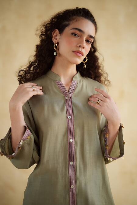 Buy 172 Threads Olive Green Muslin, Cotton Mandarin Collar Kurta And Pant Set Buy_172 Threads_Olive Green Muslin, Cotton Mandarin Collar Kurta And Pant Set