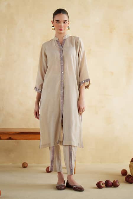 172 Threads_Off White Muslin, Cotton Beads Mandarin Collar Ecru Panel Co-ord Set _Online_at_Aza_Fashions