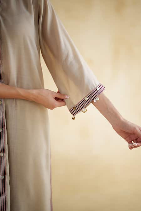 Buy_172 Threads_Off White Muslin, Cotton Beads Mandarin Collar Ecru Panel Co-ord Set _Online_at_Aza_Fashions