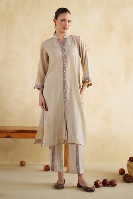 Shop_172 Threads_Off White Muslin, Cotton Beads Mandarin Collar Ecru Panel Co-ord Set _Online_at_Aza_Fashions