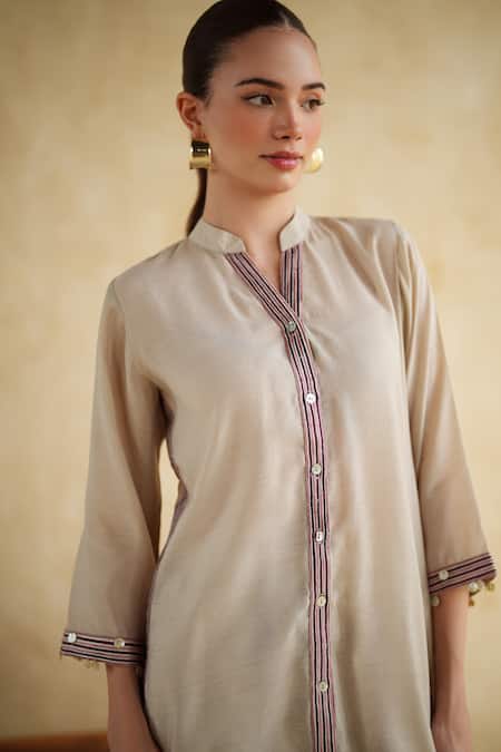 172 Threads_Off White Muslin, Cotton Beads Mandarin Collar Ecru Panel Co-ord Set _at_Aza_Fashions