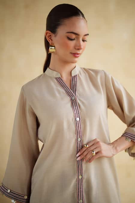 Buy_172 Threads_Off White Muslin, Cotton Beads Mandarin Collar Ecru Panel Co-ord Set 