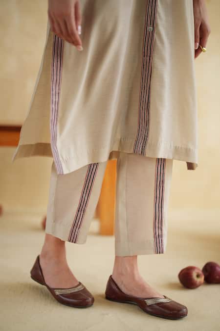 Shop_172 Threads_Off White Muslin, Cotton Beads Mandarin Collar Ecru Panel Co-ord Set 