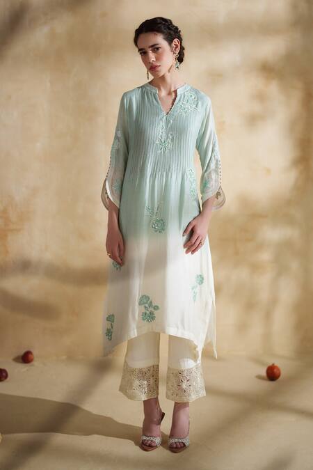 172 Threads_Blue Muslin, Cotton Embroidery Split V-neck Meadow Mist Set _Online_at_Aza_Fashions