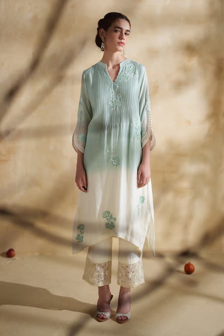 Buy_172 Threads_Blue Muslin, Cotton Embroidery Split V-neck Meadow Mist Set _Online_at_Aza_Fashions