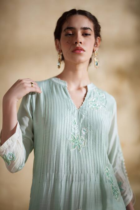 Shop_172 Threads_Blue Muslin, Cotton Embroidery Split V-neck Meadow Mist Set _Online_at_Aza_Fashions