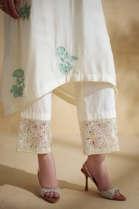 172 Threads_Blue Muslin, Cotton Embroidery Split V-neck Meadow Mist Set _at_Aza_Fashions