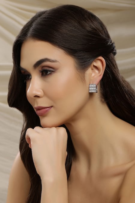 Ruby Raang White Crystals Box Loop Earrings 