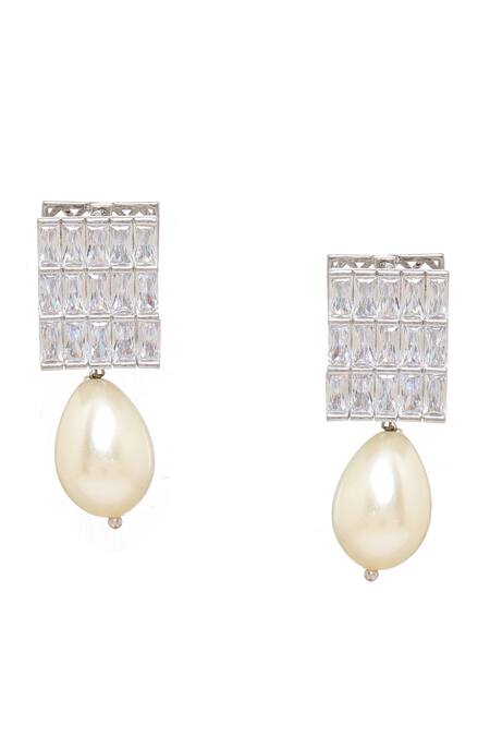 Ruby Raang White Rhinestones, Pearls Designer Loop Earrings With Drop Online at Aza Fashions Ruby Raang_White Rhinestones, Pearls Designer Loop Earrings With Drop _Online_at_Aza_Fashions