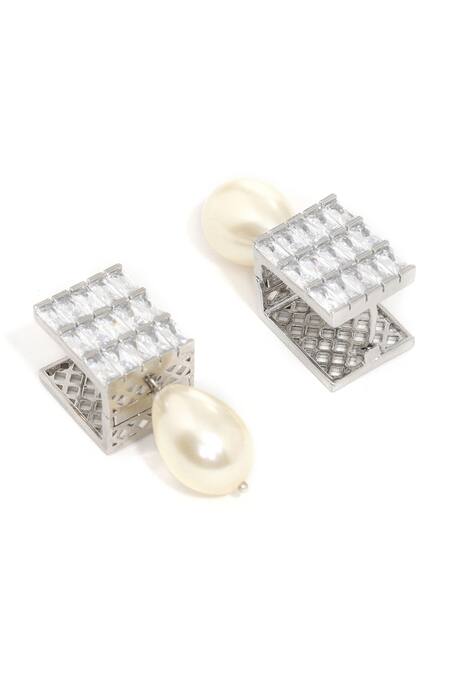 Buy Ruby Raang White Rhinestones, Pearls Designer Loop Earrings With Drop Online at Aza Fashions Buy_Ruby Raang_White Rhinestones, Pearls Designer Loop Earrings With Drop _Online_at_Aza_Fashions