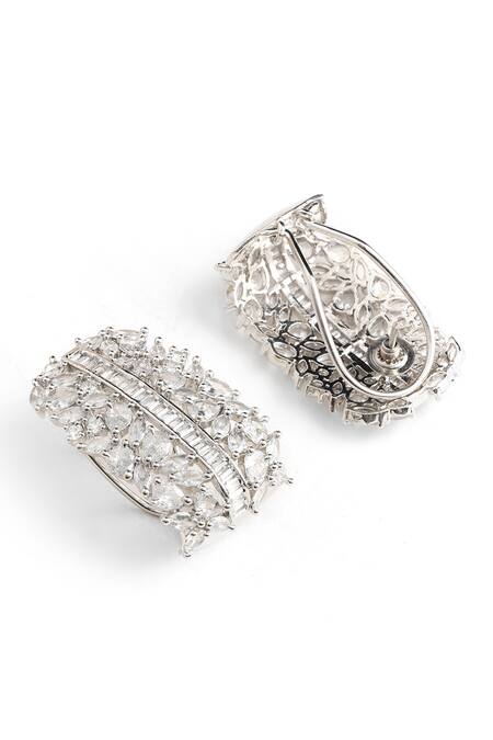 Shop_Ruby Raang_Silver Plated Crystals Half Loop Earrings _Online_at_Aza_Fashions