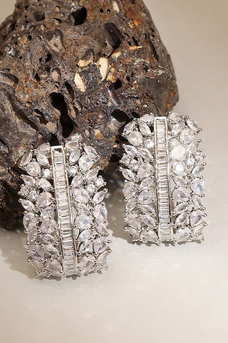 Shop_Ruby Raang_Silver Plated Crystals Half Loop Earrings _at_Aza_Fashions